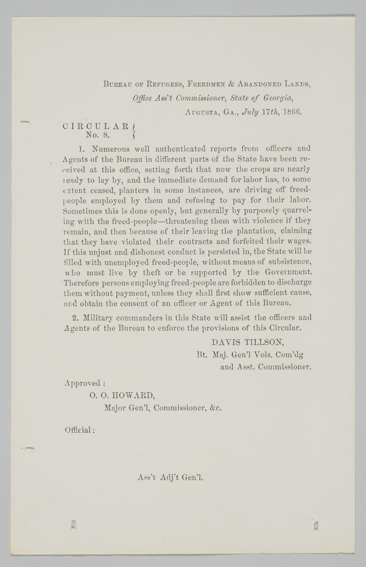 Circular No. 8 from the Bureau of Refugees, Freedmen, and Abandoned Lands, 1866