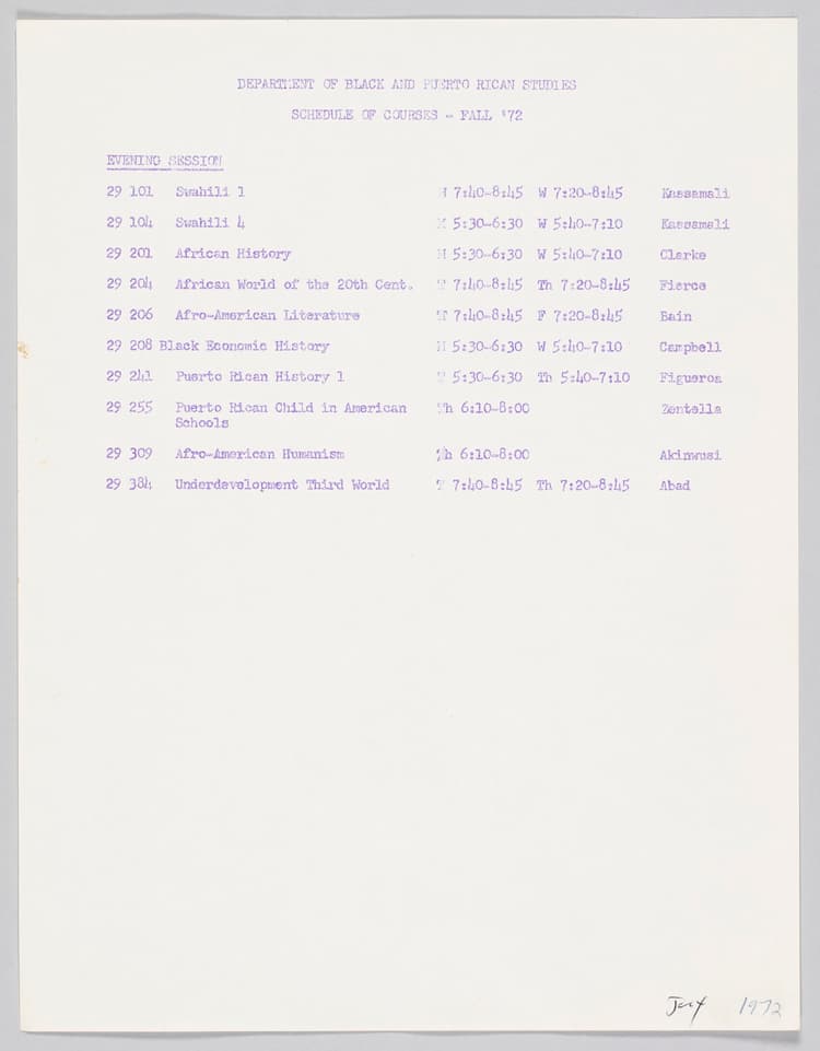 Schedule of Courses for Black and Puerto Rican Studies, Hunter College, 1972