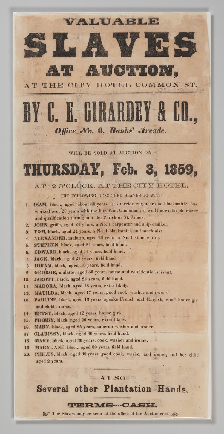 Broadside Advertising "Valuable Slaves at Auction" in New Orleans, 1859