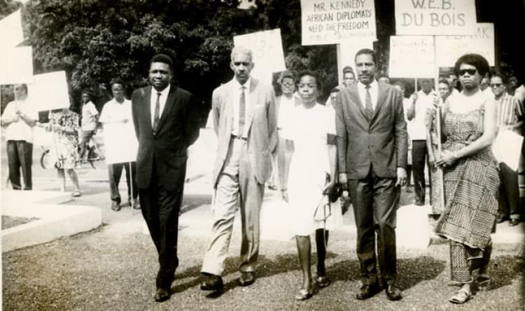Maya Angelou, Julian Mayfield, and Others Petition Outside the United States Embassy in Accra, Ghana, 1963