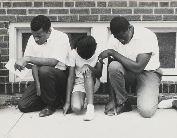 John Lewis and Colleagues, Prayer Demonstration at a Segregated Swimming Pool, Cairo, Illinois by Danny Lyon, 1962