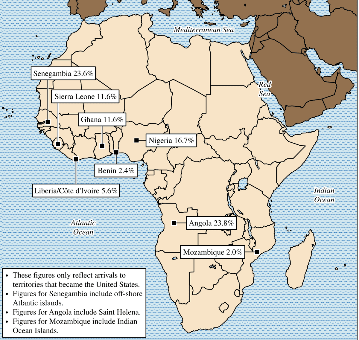 Map Showing the Regional Origins of Enslaved People Forcibly Transported to North America