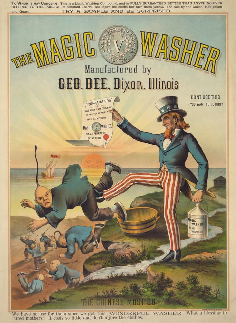 The Chinese Must Go - Magic Washer - 1886 anti-Chinese US cartoon